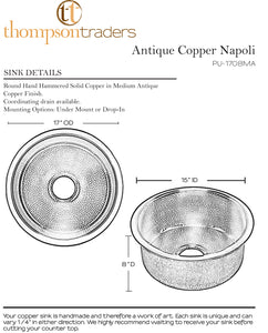 Thompson Traders PU-1708MA Antique Copper Napoli Renovation Kitchen Round Hammered Copper Prep Sink Antique Copper